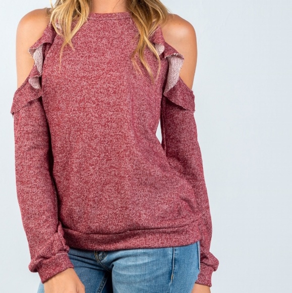 Last 1!💖Burgundy Ruffle Cold Shoulder Top - Picture 2 of 3